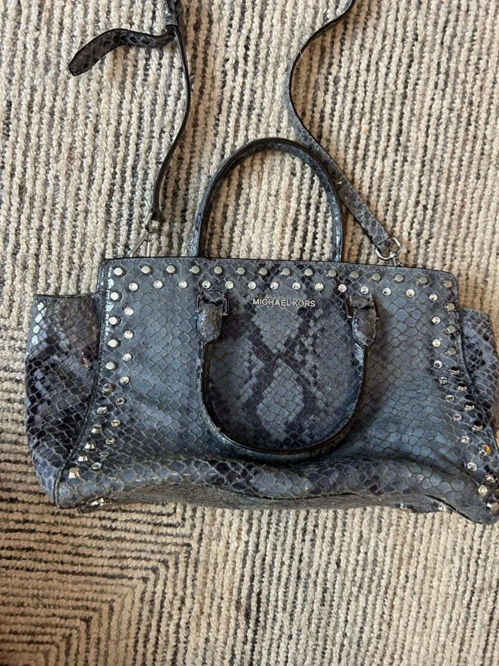 Michael Kors Snake-Embossed Studded Tote with Crossbody Strap Bag Purse Leather